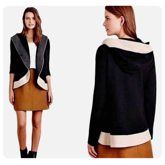 Anthropologie Rosie Neira Boiled Wool Coat Size M Color Blocked Navy Blue Cream - Picture 1 of 11